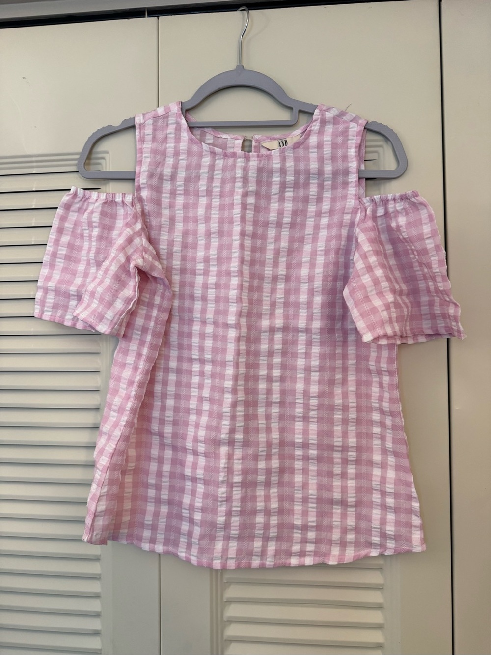Pink and White Gingham Cold-Shoulder Top
